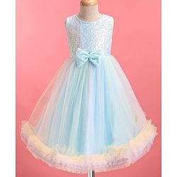 Babyhug Woven Sleeveless Fit & Flared Sequined on Yoke Party Dress with Bow Applique & Frill Detailing On Hem- Light Blue