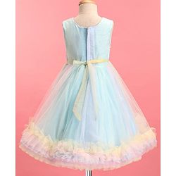 Babyhug Woven Sleeveless Fit & Flared Sequined on Yoke Party Dress with Bow Applique & Frill Detailing On Hem- Light Blue