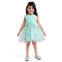 Babyhug Woven Sleeveless Fit and Flare Party Frock with Corsage Applique & Floral Embroidery Detailing - Light Blue