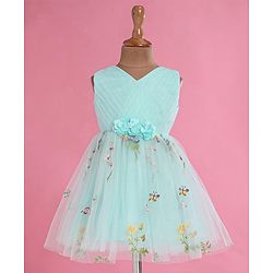 Babyhug Woven Sleeveless Fit and Flare Party Frock with Corsage Applique & Floral Embroidery Detailing - Light Blue