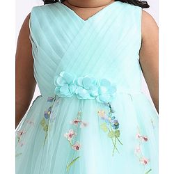 Babyhug Woven Sleeveless Fit and Flare Party Frock with Corsage Applique & Floral Embroidery Detailing - Light Blue