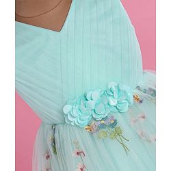 Babyhug Woven Sleeveless Fit and Flare Party Frock with Corsage Applique & Floral Embroidery Detailing - Light Blue