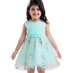 Babyhug Woven Sleeveless Fit and Flare Party Frock with Corsage Applique & Floral Embroidery Detailing - Light Blue