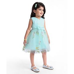 Babyhug Woven Sleeveless Fit and Flare Party Frock with Corsage Applique & Floral Embroidery Detailing - Light Blue