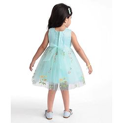Babyhug Woven Sleeveless Fit and Flare Party Frock with Corsage Applique & Floral Embroidery Detailing - Light Blue