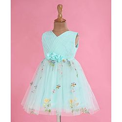 Babyhug Woven Sleeveless Fit and Flare Party Frock with Corsage Applique & Floral Embroidery Detailing - Light Blue