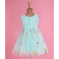 Babyhug Woven Sleeveless Fit and Flare Party Frock with Corsage Applique & Floral Embroidery Detailing - Light Blue