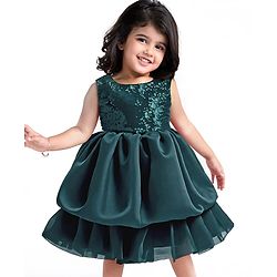 Babyhug Woven Sleeveless Sequined Yoke Party Frock - Dark Green