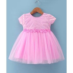Babyhug Woven Half Sleeves Fit & Flared Party Frock with Sequin Embroidery & Floral Applique - Pink