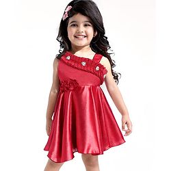 Babyhug Woven Sleeveless Fit & Flared  Party Frock with Floral Applique  & Pearl Detailing - Red