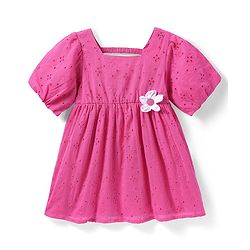 Babyhug Viscose Woven Half Sleeves Schiffli Frock with Headband Floral Applique - Dark Pink