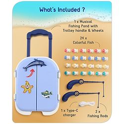 Babyhug Premium  Rechargeable Magnetic Fishing Game Portable Trolly|25 colourful fishes with 2 fish catching rods| C-Type Charging | Music & Lights | Best for Gifting | Made in India-Blue