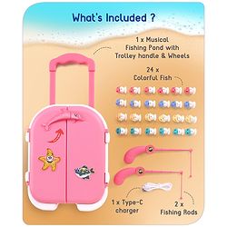 Babyhug Premium  Rechargeable Magnetic Fishing Game Portable Trolly|25 colourful fishes with 2 fish catching rods| C-Type Charging | Music & Lights | Best for Gifting | Made in India-Blue
