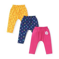 Babyhug Interlock Knit Full Length Polka Dot & Star Printed Diaper Leggings Pack of 3 - Yellow Navy Blue & Dark Pink
