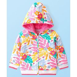 Babyhug Cotton Knit Full Sleeves Floral Printed Hooded Sweatjacket with Zipper - Pink & White