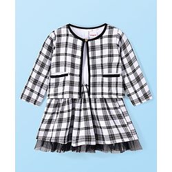 Babyhug Woven Checkered Frock With Full Sleeves Jacket - White & Black