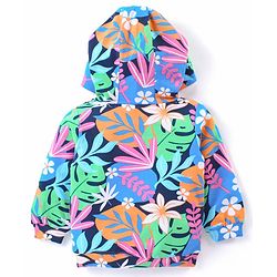 Babyhug Cotton Knit Full Sleeves Front Open Hooded Sweatjacket with Floral Print & Kangaroo Pockets - Navy Blue