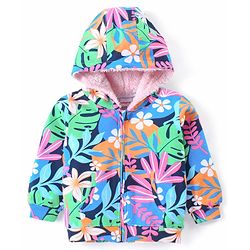 Babyhug Cotton Knit Full Sleeves Front Open Hooded Sweatjacket with Floral Print & Kangaroo Pockets - Navy Blue