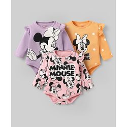 Babyhug Disney Interlock Knit Full Sleeves Onesies with Minnie Mouse Graphics & Frill Detailing Pack of 3 - Lavender Pink & Mustard