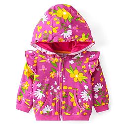 Babyhug Cotton Knit Full Sleeves Hooded Sweatjacket with Floral Print & Frill Detailing - Fuchsia