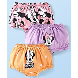 Babyhug Disney Interlock Knit Bloomers with Minnie Mouse Graphics Pack of 3 - Pink Orange & Purple