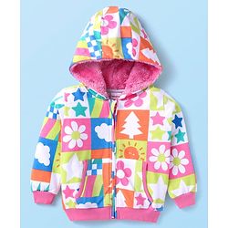 Babyhug Cotton Knit Full Sleeves Hooded Front Open  Sweatjacket with  Floral Print - Pink White & Orange