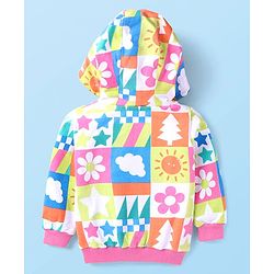 Babyhug Cotton Knit Full Sleeves Hooded Front Open  Sweatjacket with  Floral Print - Pink White & Orange