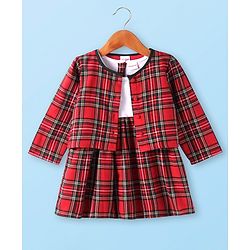 Babyhug Checkered Frock With Full Sleeves Shrug - Red