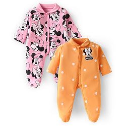 Babyhug Disney Interlock Knit Full Sleeves Footed Sleepsuits with Minnie Mouse Print Pack of 2 - Orange & Pink