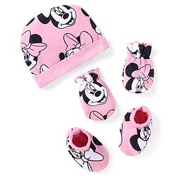Babyhug Disney Interlock Knit Cap Mittens & Booties With Minnie Mouse Print Pink - Diameter 10 cm