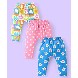 Babyhug Cotton Knit Full Length Diaper Leggings With Floral & Polka Dots Print Pack Of 3 - Pink Blue & Lime