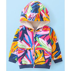 Babyhug Cotton Knit Full Sleeves Front Open Hooded Sweatjacket with Abstract Design & Kangaroo Pockets - Blue