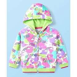 Babyhug Cotton Knit Full Sleeves Hooded Sweatjacket with Text & Rainbow Theme Print - Blue Pink & Green