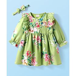 Babyhug Woven Full Sleeves Frock With Floral Print & Hairband - Green