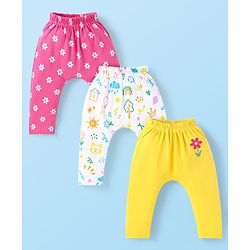 Babyhug Interlock Knit Full Length Diaper Leggings Floral Print Pack of 3 - Pink Yellow & White