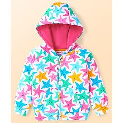 Babyhug Cotton Knit Full Sleeves Star Printed Hooded Sweatjacket with Kangaroo Pockets- White