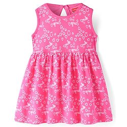 Babyhug Single Jersey Knit Sleeveless Frock with Heart Print- Dark Pink