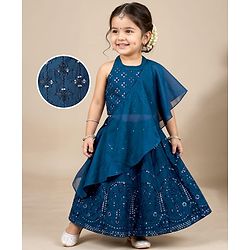 Babyhug Woven Halter Neck Lehenga Choli Set with Embroidery Mirror Sequin & Dupatta - Navy Blue