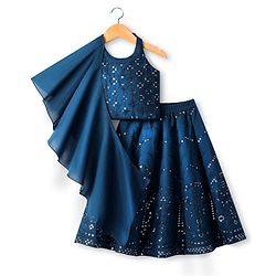 Babyhug Woven Halter Neck Lehenga Choli Set with Embroidery Mirror Sequin & Dupatta - Navy Blue