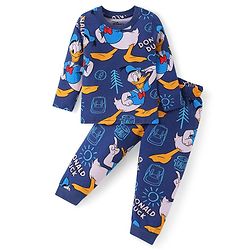 Babyhug Disney Single Jersey Full Sleeves Night Suit With Donald Duck Print - Navy Blue