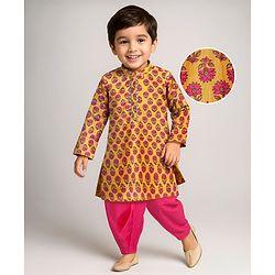 Babyhug Cotton Woven Cambric Full Sleeves Floral Printed Dhoti Kurta Set - Yellow