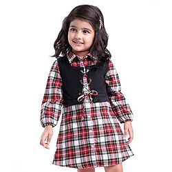 Babyhug Woven Full Sleeves Collared Checkered Frock & Jacket with Knot Detailing - Red & Black