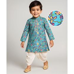 Babyhug Cotton Woven Foil Printed Full Sleeves  Dhoti Kurta Set - Teal Blue