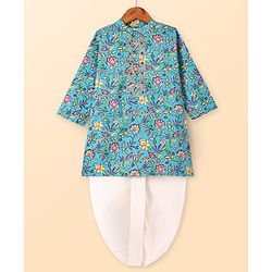 Babyhug Cotton Woven Foil Printed Full Sleeves  Dhoti Kurta Set - Teal Blue