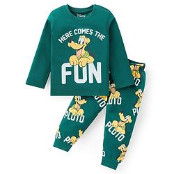 Babyhug Disney Single Jersey Knit  Full Sleeves Night Suit with With Pluto Graphics- Dark Green