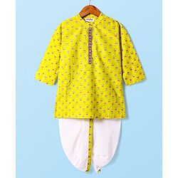 Babyhug Cambric Woven Full Sleeves Dhoti Kurta Set with Floral Print - Yellow