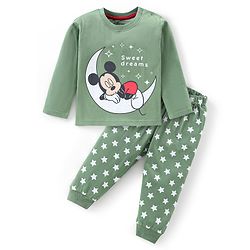 Babyhug Disney Single Jersey Knit Full Sleeves Night Suit with Mickey Mouse Graphics- Olive Green