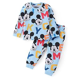Babyhug Disney Single Jersey Knit Full Sleeves Night Suit With Mickey Mouse Print - Light Blue