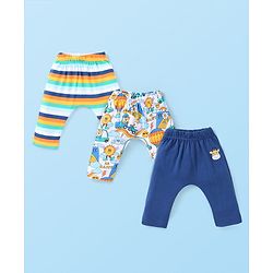 Babyhug Interlock Knit Full Length Diaper Leggings With Stripes & Animals Print Pack Of 3 - Navy White & Yellow