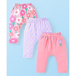 Babyhug Interlock Full Length Diaper Leggings With Floral Print Pack Of 3 - Pink & Lavender